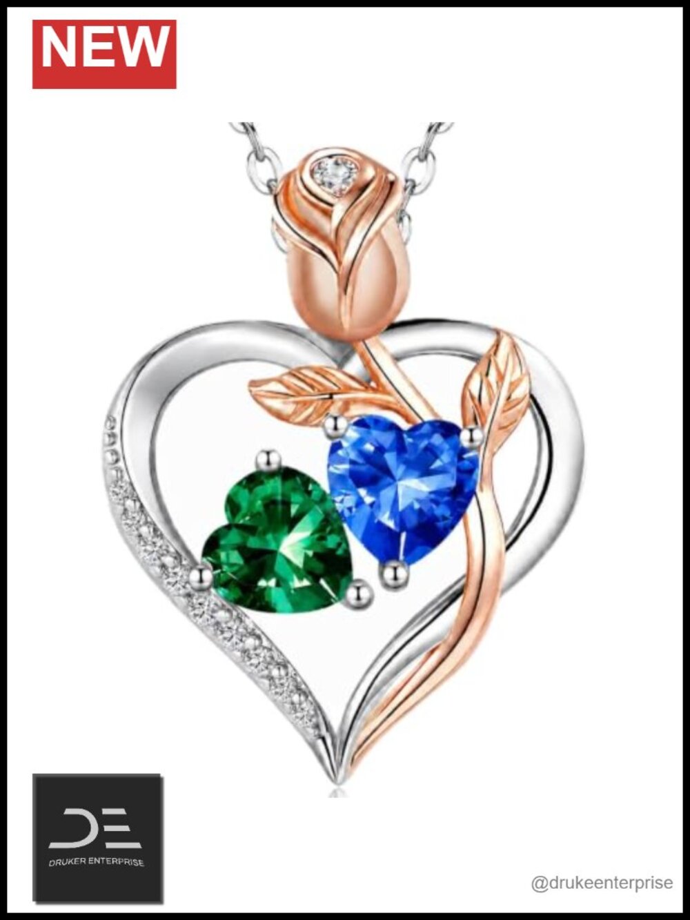 Rose Heart Dual Birthstone Necklace 18K White Gold Plated